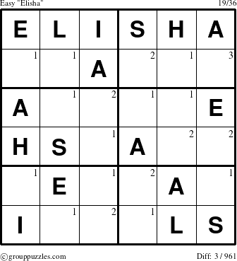 The grouppuzzles.com Easy Elisha puzzle for  with the first 3 steps marked