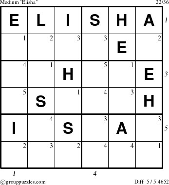 The grouppuzzles.com Medium Elisha puzzle for , suitable for printing, with all 5 steps marked