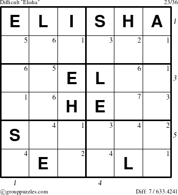 The grouppuzzles.com Difficult Elisha puzzle for , suitable for printing, with all 7 steps marked