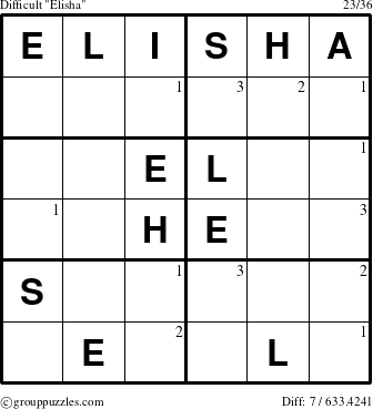 The grouppuzzles.com Difficult Elisha puzzle for  with the first 3 steps marked