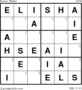 The grouppuzzles.com Easiest Elisha puzzle for  with the first 2 steps marked