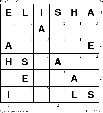 The grouppuzzles.com Easy Elisha puzzle for  with all 3 steps marked