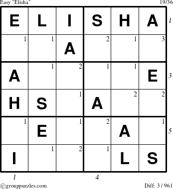 The grouppuzzles.com Easy Elisha puzzle for , suitable for printing, with all 3 steps marked