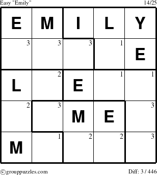 The grouppuzzles.com Easy Emily puzzle for  with the first 3 steps marked