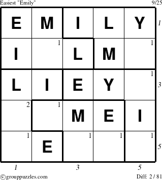 The grouppuzzles.com Easiest Emily puzzle for  with all 2 steps marked