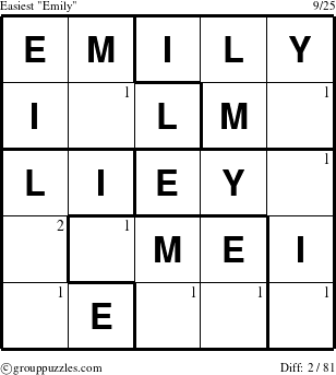 The grouppuzzles.com Easiest Emily puzzle for  with the first 2 steps marked