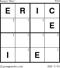 The grouppuzzles.com Easiest Eric puzzle for  with the first 2 steps marked