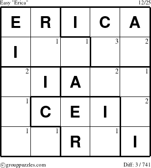 The grouppuzzles.com Easy Erica puzzle for  with the first 3 steps marked