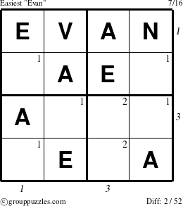 The grouppuzzles.com Easiest Evan puzzle for , suitable for printing, with all 2 steps marked