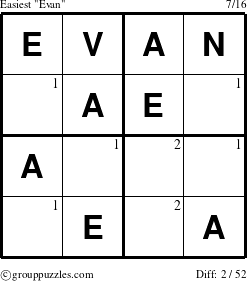 The grouppuzzles.com Easiest Evan puzzle for  with the first 2 steps marked