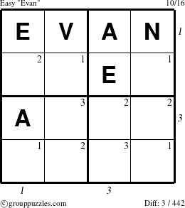 The grouppuzzles.com Easy Evan puzzle for , suitable for printing, with all 3 steps marked