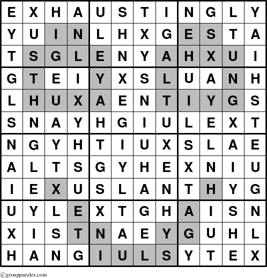 The grouppuzzles.com Answer grid for the Exhaustingly puzzle for 
