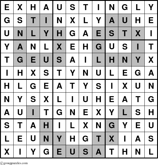 The grouppuzzles.com Answer grid for the Exhaustingly puzzle for 
