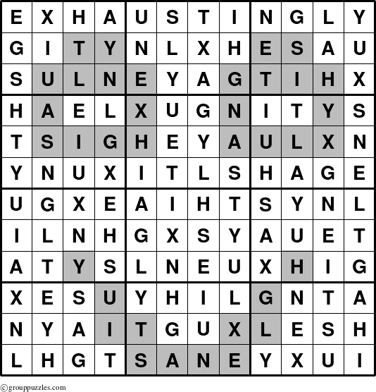 The grouppuzzles.com Answer grid for the Exhaustingly puzzle for 