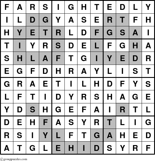 The grouppuzzles.com Answer grid for the Farsightedly puzzle for 