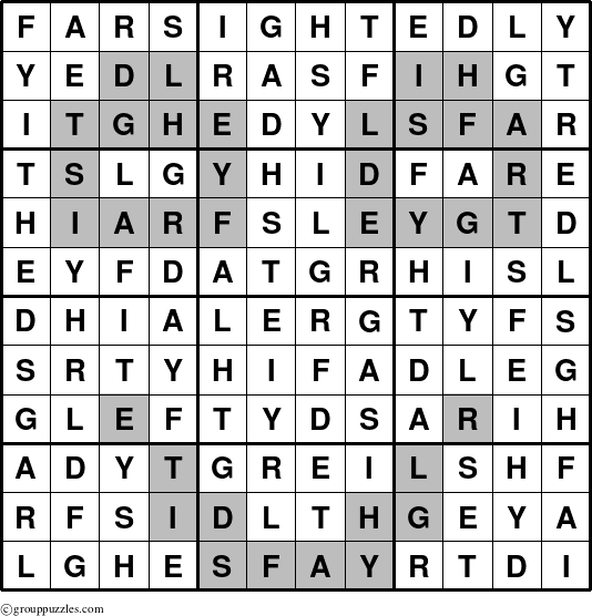 The grouppuzzles.com Answer grid for the Farsightedly puzzle for 