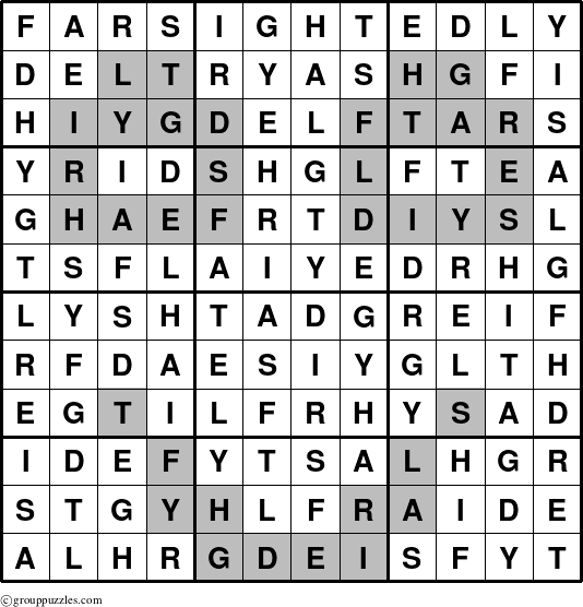 The grouppuzzles.com Answer grid for the Farsightedly puzzle for 