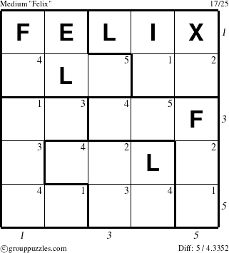 The grouppuzzles.com Medium Felix puzzle for , suitable for printing, with all 5 steps marked