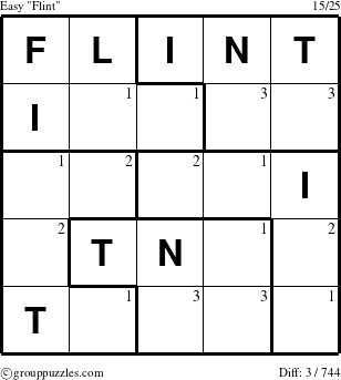 The grouppuzzles.com Easy Flint puzzle for  with the first 3 steps marked
