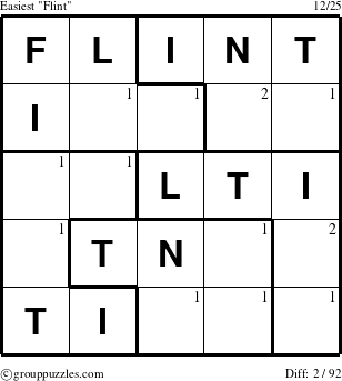 The grouppuzzles.com Easiest Flint puzzle for  with the first 2 steps marked