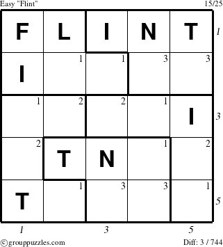 The grouppuzzles.com Easy Flint puzzle for , suitable for printing, with all 3 steps marked