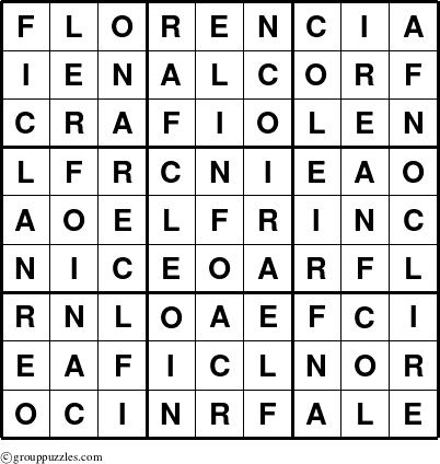 The grouppuzzles.com Answer grid for the Florencia puzzle for 