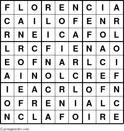 The grouppuzzles.com Answer grid for the Florencia puzzle for 