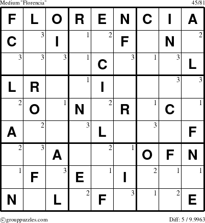 The grouppuzzles.com Medium Florencia puzzle for  with the first 3 steps marked