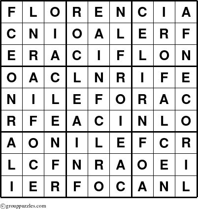 The grouppuzzles.com Answer grid for the Florencia puzzle for 