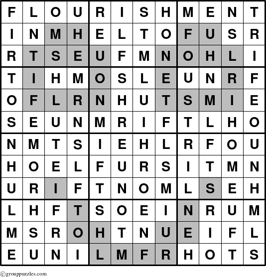 The grouppuzzles.com Answer grid for the Flourishment puzzle for 
