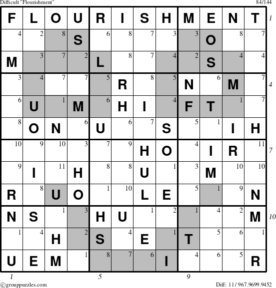 The grouppuzzles.com Difficult Flourishment puzzle for  with all 11 steps marked
