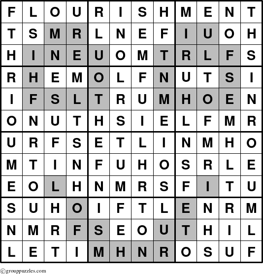 The grouppuzzles.com Answer grid for the Flourishment puzzle for 