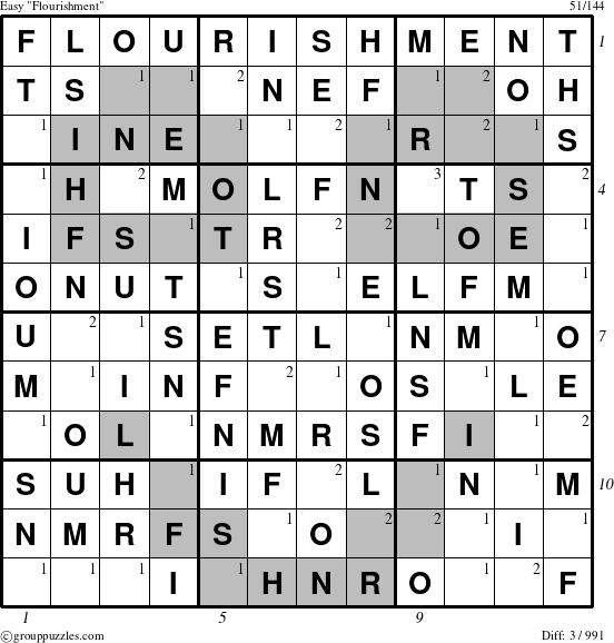 The grouppuzzles.com Easy Flourishment puzzle for , suitable for printing, with all 3 steps marked