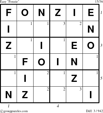 The grouppuzzles.com Easy Fonzie puzzle for , suitable for printing, with all 3 steps marked