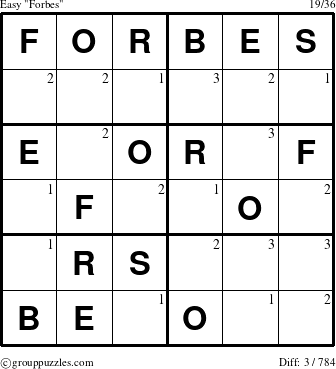The grouppuzzles.com Easy Forbes puzzle for  with the first 3 steps marked