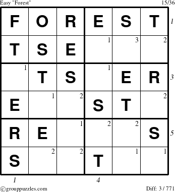 The grouppuzzles.com Easy Forest puzzle for , suitable for printing, with all 3 steps marked