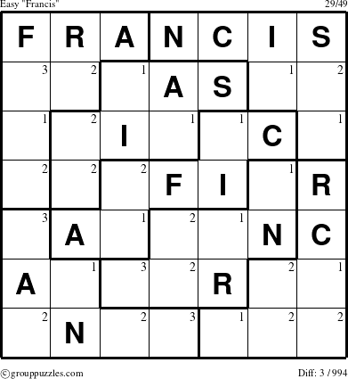 The grouppuzzles.com Easy Francis puzzle for  with the first 3 steps marked