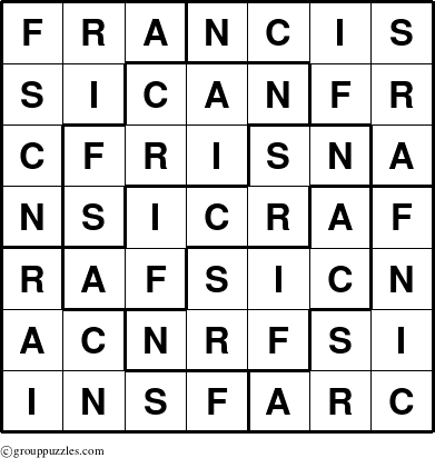 The grouppuzzles.com Answer grid for the Francis puzzle for 