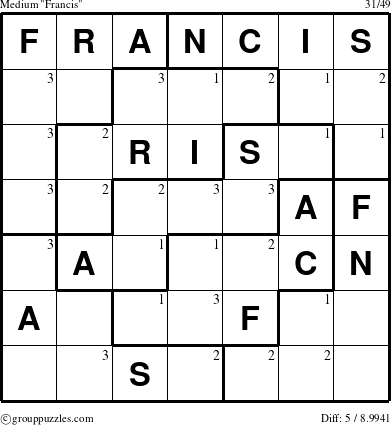 The grouppuzzles.com Medium Francis puzzle for  with the first 3 steps marked