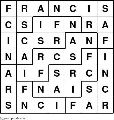 The grouppuzzles.com Answer grid for the Francis puzzle for 