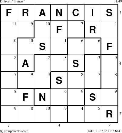 The grouppuzzles.com Difficult Francis puzzle for  with all 11 steps marked