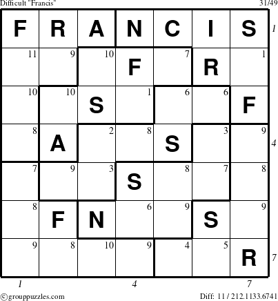 The grouppuzzles.com Difficult Francis puzzle for , suitable for printing, with all 11 steps marked