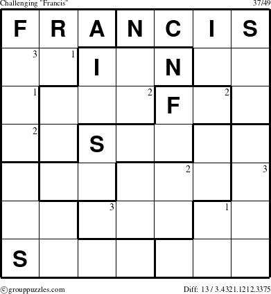 The grouppuzzles.com Challenging Francis puzzle for  with the first 3 steps marked