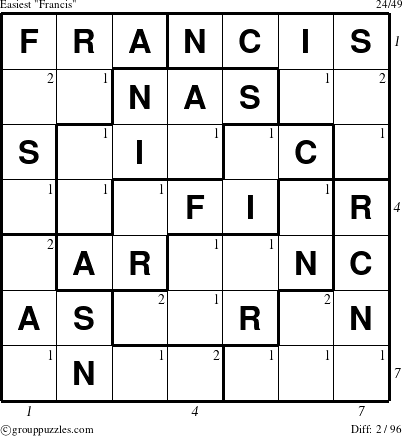 The grouppuzzles.com Easiest Francis puzzle for , suitable for printing, with all 2 steps marked