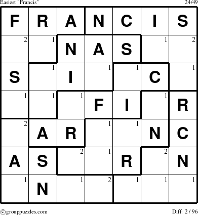 The grouppuzzles.com Easiest Francis puzzle for  with the first 2 steps marked