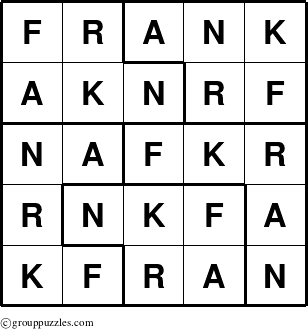 The grouppuzzles.com Answer grid for the Frank puzzle for 