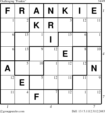 The grouppuzzles.com Challenging Frankie puzzle for , suitable for printing, with all 13 steps marked