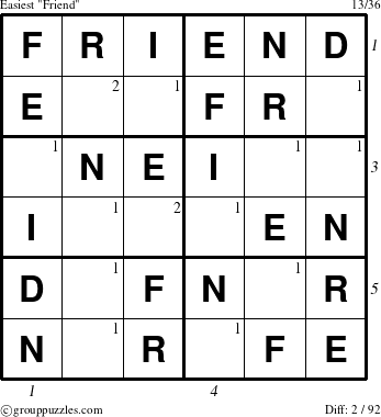 The grouppuzzles.com Easiest Friend puzzle for , suitable for printing, with all 2 steps marked