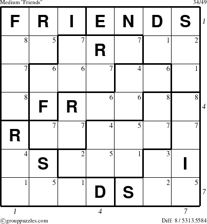 The grouppuzzles.com Medium Friends puzzle for , suitable for printing, with all 8 steps marked