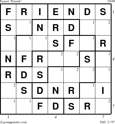 The grouppuzzles.com Easiest Friends puzzle for , suitable for printing, with all 2 steps marked